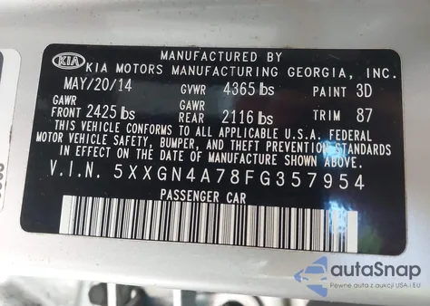 2015 Kia Optima Ex z USA, uszkodzony, nr VIN 5XXGN4A78FG357954